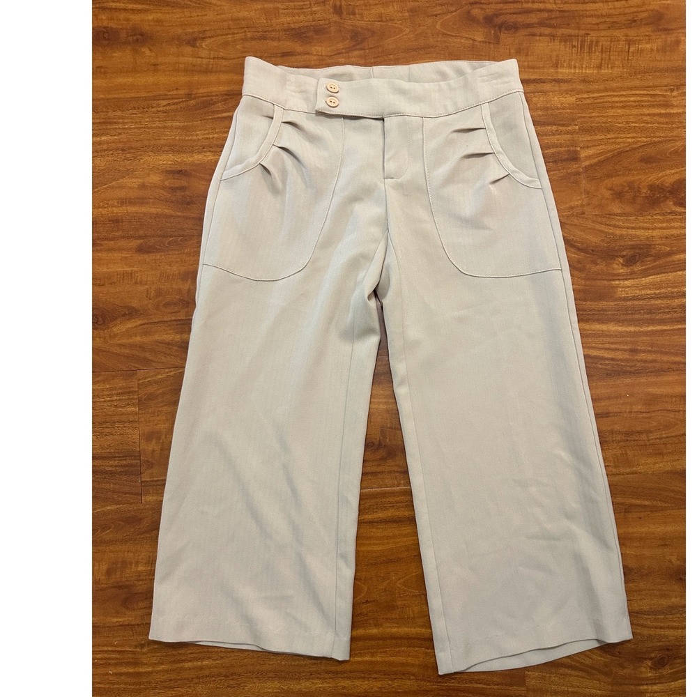 Beige Wide Leg Cropped Trousers Asymmetrical Double Button High Rise Pants S